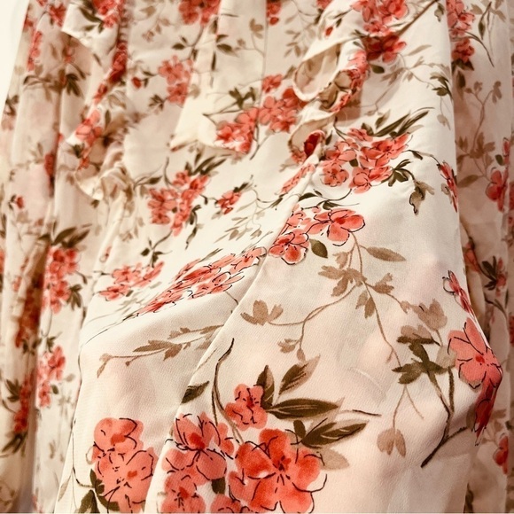 OAK + FORT Floral Sheer Ruffle Balloon Long Sleeve Pink Cream Blouse Bow Tie SM - Picture 5 of 8